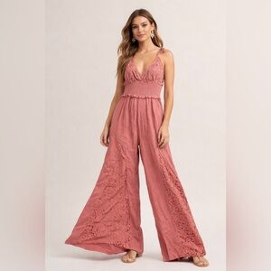 Smocked Lace-Detail Wide-Leg Jumpsuit in Dusty Rose